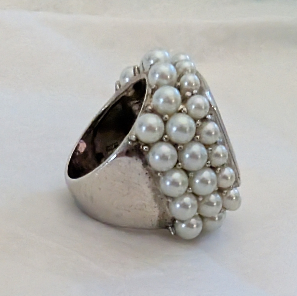 Vintage Y2K Oversized Sterling Silver Pearl Cocktail Ring- Size 5 - Picture 2 of 9